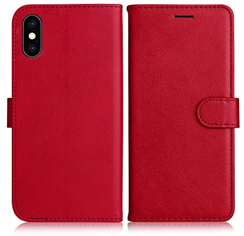 DENDICO Hülle für iPhone XS Max, PU Leder Brieftasche Handyhülle, Flip Tasche TPU Schutzhülle mit Kartenfach für iPhone XS Max, Rot