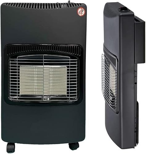Portable Gas Cabinet Heater Free Standing Calor Butane Fire Wheels Comes With Free Hose and Regulator 4.2kw Foldable Design Black