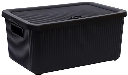 M1SS Plastic Storage Box with Lid and Handle Rectangular Storage Boxes Utility Box Rib Box Multi Use For Shelf Organisation Home, Bathroom (Large - 14L, Black)