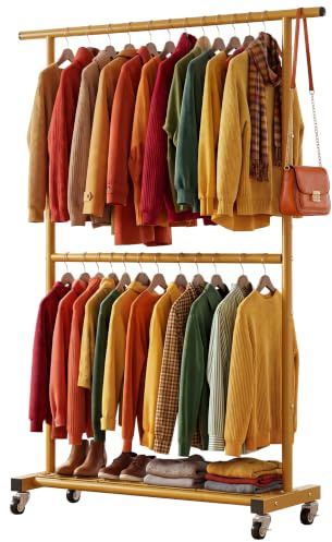 Sywhitta Doppelstange Kleiderständer, Rollgarderobe mit unterem Netz, Kleiderständer zum Aufhängen von Kleidung, Mänteln, Röcken, Pullovern, Gold