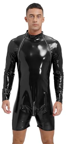 winying Herren Wetlook Bodysuit Lack Leder Kurzarm Body Ouvert Mit Body Ouvert Männer Sissy Dessous Hemd Bluse Gogo Clubwear Schwarz C 3XL