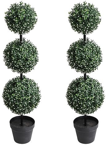 momoplant Künstlicher Buchsbaum, 94,8 cm, mit weißen Früchten, 1 m, künstliche Formschnittsträucher, Dekoration für drinnen und draußen, 2 Stück