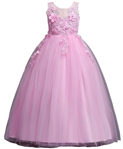 DISSA Robe pour Filles Princesse Rose sans Manche Robes de Bal Tulle Robe de Soirée de Mariage Enfants Dentelle 7-8 Ans,D832