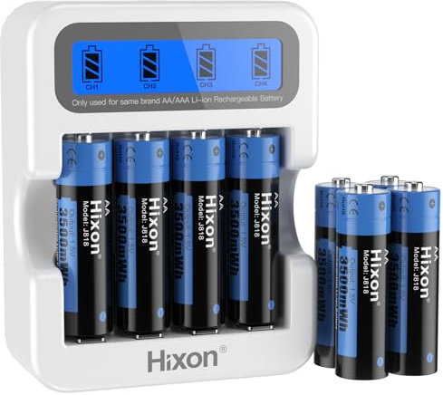 Hixon aa rechargeable batteries,8 Pack Double A lithium batteries with LCD Charger,rechargeable lithium aa batteries,Constant 1.5V Output,1500Cycles,Max 3A Current