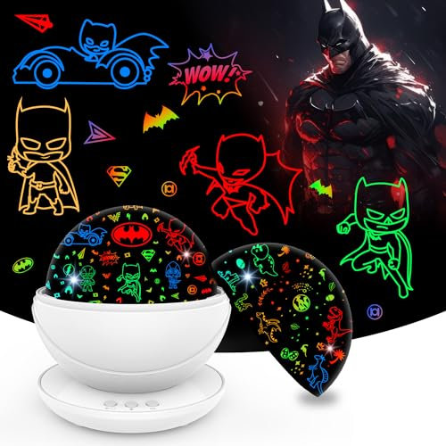 VANSHINIEER Veilleuse projecteur Batman pour garçon, veilleuse pour enfants avec thème Batman et dinosaure, rotation à 360 degrés, 15 modes de changement de couleur, jouet cadeau d'anniversaire