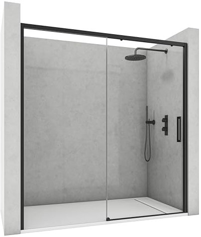 NEBADOON | Mamparas de Ducha - 1 Puerta Corredera + 1 Fijo - Mampara de Ducha Corredera - Perfilería Negra Mate - 164 a 168 cm (Ancho Adaptable 4 cm) x 195 cm (Alto) - Posición Puerta Derecha