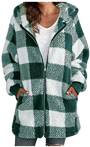 Black Friday 2023,Veste Polaire Femme Chaude Longue Manteau à Capuche Laine épais Blousons Doublure Chaude Fourrure Zippé Veste à Carreaux Grande Taille Cardigan Manteau Décontracté (Green,L) A1