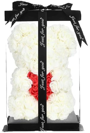 ZENZERO® - ORSO ROSA - ORSETTO ricoperto di ROSE in PE - Orsacchiotto in Confezione Regalo - Dimensioni 10 (26x17cm) - Pezzi: 1 - disponibili vari COLORI - Colore: (BIANCO CUORE ROSSO)