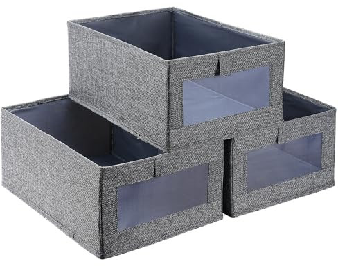 3 Pack Grey Linen Fabric Toy Box Storage Bins - Collapsible Cube Storage Organiser for Cupboards Shelves - Toys, Clothes, Office - Playroom (40x27x18cm)