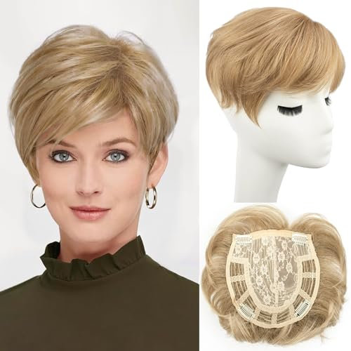PORSMEER haarteile für dünnes haar topper, Kurze Pixie Cut Haarteile Synthetische Pixie Topper für Damen/Herren Clip In Wiglet mit Pony Haarvolumen hinzufügen,haarverlängerung,Blond