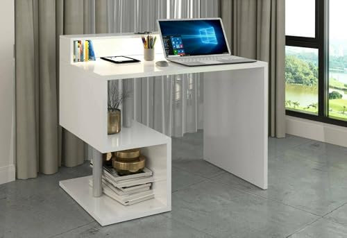 Dmora - Schreibtisch Adrien, Linearer Schreibtisch mit Ablagefächern und LED-Leuchten, Mehrzweck-Büroschreibtisch mit Platte, 100x50h93 cm, Weiß