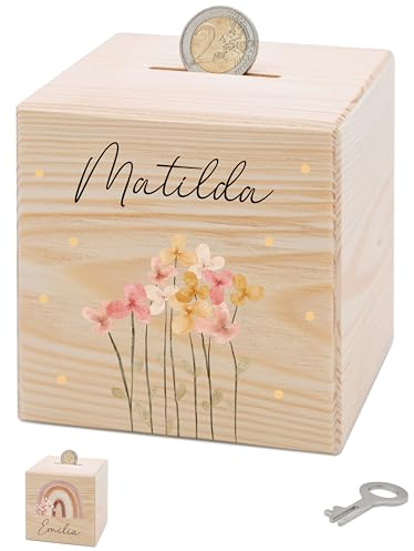 Bärenfreunde® - Personalisierte Spardose Kinder aus Holz mit Metallschloss - Spardose mit Namen mit kinderfreundlichem UV-Druck zum Sparen für Kinderträume (Blumen Punkte)