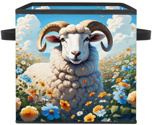 Faltbare Aufbewahrungsbox mit Ledergriffen, robuster Würfel-Organizer für Zuhause, niedliche Schafe und Blumen