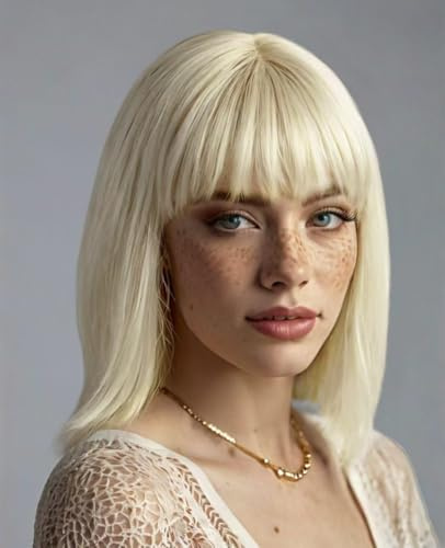 PORSMEER Blond Perücken mit Pony für Frauen, Synthetische Bob gerade Perücken Schulter Länge farbige Perücken für Halloween Kostüm Party & Cosplay wig 35cm