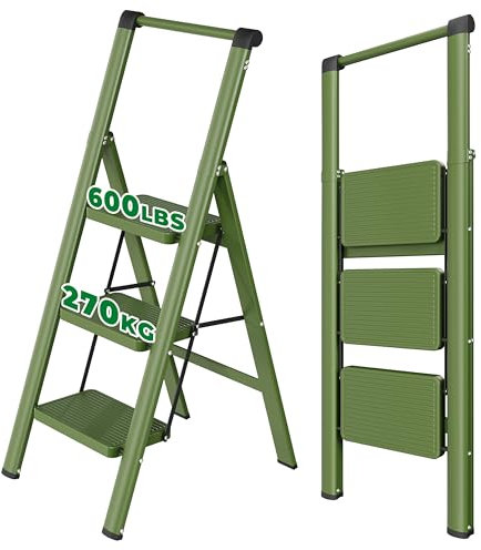 YOUTHCLUB Escabeau à 3 marches, Marchepied Pliable avec Larges Pédales Antidérapantes, Capacité de Charge 270 kg, Poignée Pratique, Léger et Portable pour la Maison et la Cuisine, Vert Mousse Foncé