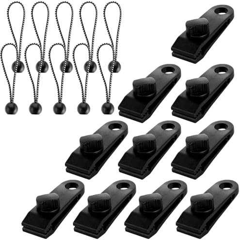 Tarp Clips Heavy Duty Lock Grip Camping Accessories and Bungee Cords with Balls Tent Clips Set for Camping, Tents, Cargo Black 10 Pack
