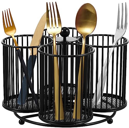 RHAIQBVC 360°Rotating Cutlery Holder,Metal Kitchen Utensil Holder,4-Compartment Metal Utensil Caddy, Multipurpose Countertop Silverware Organizer for Kitchen Picnic Camping Outdoor (Black)