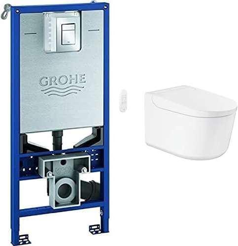 GROHE Sensia Wall Hung Shower Toilet Rimless WC & Rapid SLX 3-in-1 Concealed Cistern Frame Set Installation System 1.13m with Skate Cosmopolitan S Chrome Flush Plate