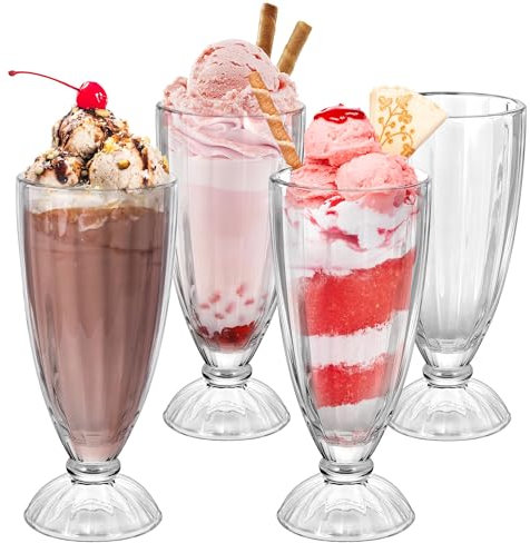 LIMILI Milkshake Glasses, Glass Ice Cream Cups, Lead Free Footed Glass Dessert Dishes, Ice Cream Sundae Glasses, Dessert Milk Shake Cups, Soda Fountain Glasses (350ml - 4pcs)