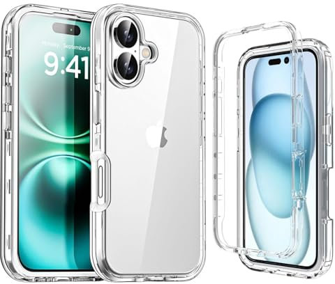 NWNK13 For iPhone 16-6.1'' inch Case Crystal Clear Slim Fit Front & Back 360° Case Built-in Screen Protector Transparent Full Body Silicone Gel Mobile Phone Cover