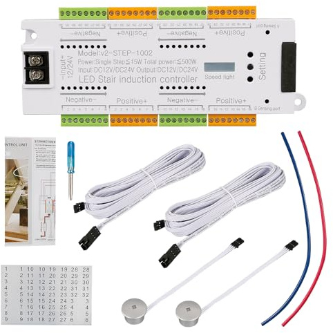 Inscrip Treppenlichtcontroller 32-K Tretsensor LED Bewegungsmelder Treppenlicht Controller DC12V/24V Trittleiter Controller Licht mit 2 Sensoren Automatische Treppenbeleuchtung