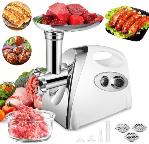 SINZUX Hachoir à viande électrique 2800 W, Couteau en acier inoxydable, hachoir rotatif avant et arrière, avec 3 plaques de coupe différentes, set de saucisses et Kubbe (blanc)