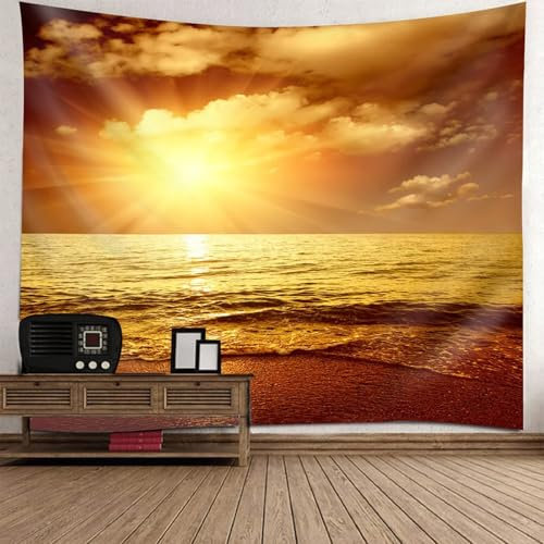Skcess Wandbehang Gelb, Polyester Tapestries Sonnenaufgang Blick Am Meer Tapisserie für Wohnzimmer Schlafzimmer Wohnheim Wanddeko Wandteppich 200x200CM