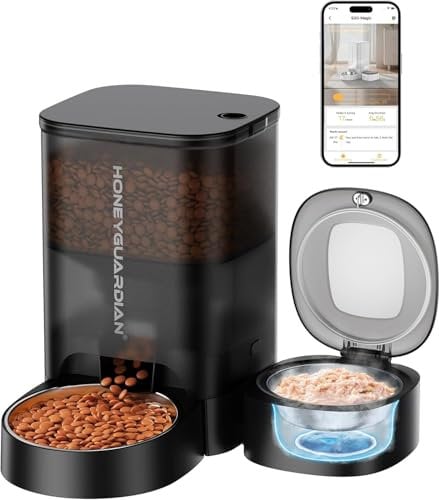 HoneyGuaridan Automatic Cat Feeder Wet Food with App Control, Cat Food Dispenser with Timer, Wet Food Feeder with Cooling, 2.4G WiFi Pet Feeder Refrigerated 12H with 3 Ice Packs for Food Freshness