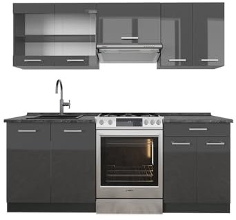 Vicco Küchenzeile R-Line, Anthrazit Hochglanz/Anthrazit, 200 cm, AP Anthrazit