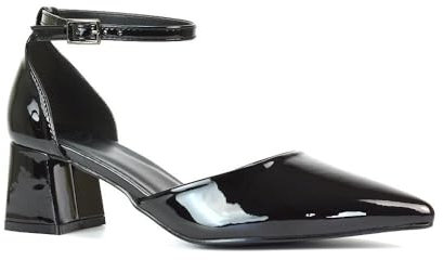 Women's Ankle Strap Court Shoes Ladies 2 Piece Point Toe Block Black Patent Low Heel Classic Party Pumps Shoes Size 5