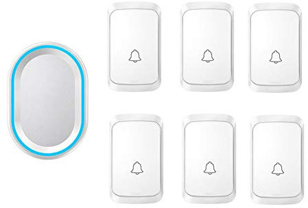 WOTZOV Timbre inalámbrico, 6 pulsadores y 1 Receptor, Timbre de Puerta inalámbrico Resistente al Agua con Enchufe de Pared, función de Memoria de Apagado, Flash LED, Alcance de,Blanco
