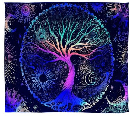 Tapisserie murale arbre de vie, Lune et Soleil Noir Tenture Psychédélique Mandala Étoilé Hippie Décoration Murale, Ciel étoilé, pour chambre à coucher, salon, Multicolore, 100 * 150 cm
