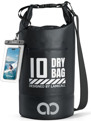 Lamicall Dry Bag, Waterproof Bag - [Robust & Anti-Scratch] 5L/10L/20L/30L/40L Waterproof Backpack with 100% Water Proof Phone Pouch, Floatable Drybag for Boat Swimming Kayaking Camping - Black(10L)