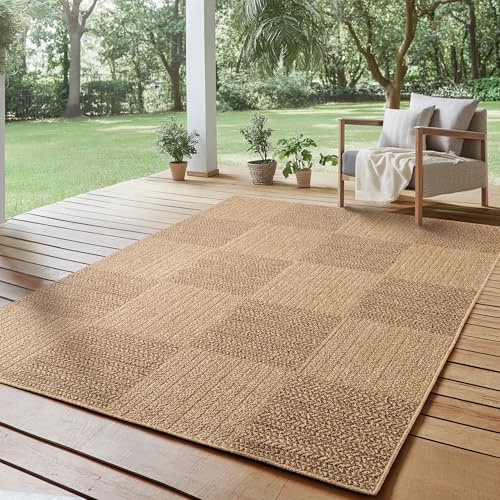 SIMPEX Outdoor Teppich 160x230 cm Wetterfest Pflegeleicht Jute Natur Optik Karo Design für Wohnzimmer Esszimmer Schlafzimmer Terrasse Balkon Garten