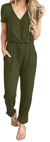 CLOUSPO Women Ladies Playsuit Jumpsuits Dungarees for Women Casual Short Sleeve Adjustable Waistband Romper with Pockets
