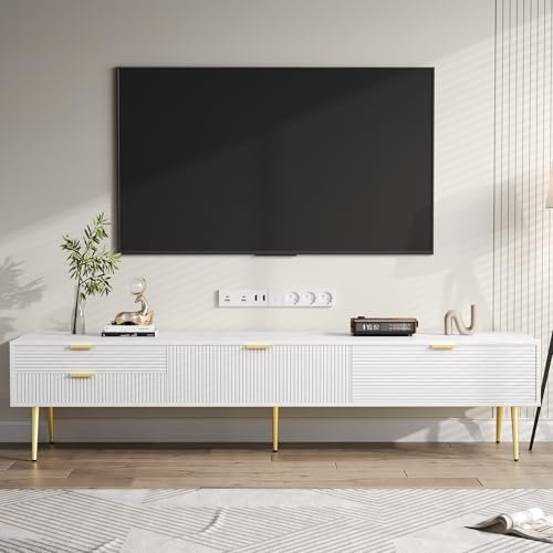 Jaxenor Meuble TV de 175 cm avec 2 tiroirs et 2 portes, meuble TV élégant avec espace de rangement, meuble TV pour salon, meuble TV, poignées et pieds dorés, blanc