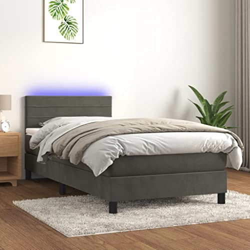 IKAYAA Boxspringbett mit Matratze 80 x 200 Bett mit LED Beleuchtung & Topper Boxspringbett 80 x 200 cm Bett mit Matratze und Lattenrost Bett komplett mit Kopfteil Samt-Dunkelgrau-80 x 200 cm