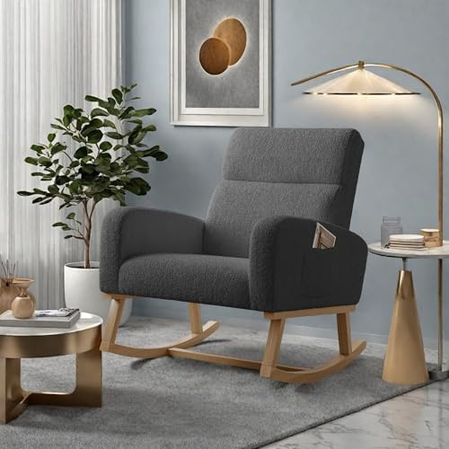 FEEOHOME Schaukelstuhl, Schaukelstuhl mit Rückenlehne, Sessel für Babyzimmer mit Armlehnen und Tasche, Velours, Teddy-Stuhl, Freizeitstuhl mit Holzsockel, für Schlafzimmer, Wohnzimmer