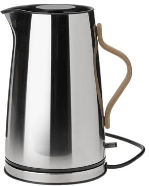 Stelton Wasserkocher Emma - Elektrischer Kocher - Kaffee- & Teekanne, skandinavisch - Filter, Trockenkoch-Sicherheitsschalter mit Abschaltung, Buchenholzgriff - 1,2 Liter, Steel, EU-Stecker
