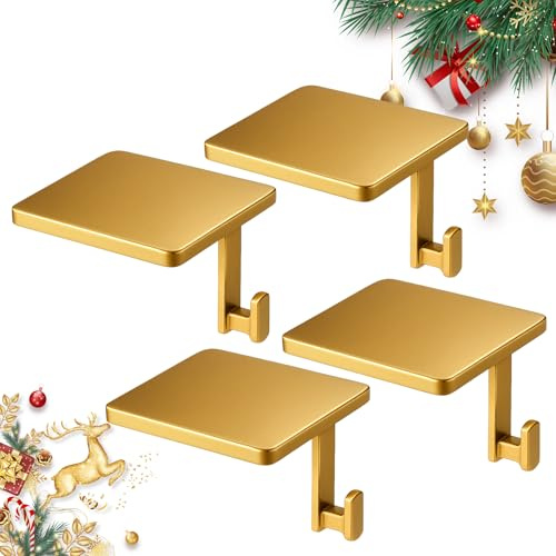 Christmas Stocking Holders Set of 4, Heavy Duty Christmas Stocking Hangers Hanging Hooks, Stocking Hanger Base, Christmas Decoration for Fireplace Mantle, Tables, Window & Counter Decoration (Golden)