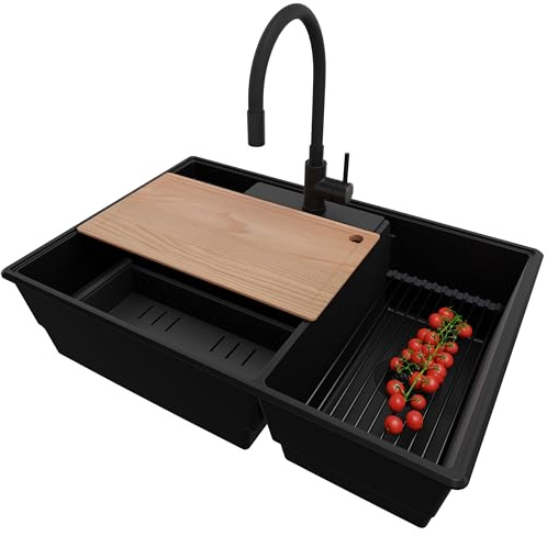 PRIMAGRAN Granitspüle ab 80er Unterschrank + Küchenarmatur, 78x53cm | Set: Küchenarmatur BW6020 + Ablauf-Set (Siphon, Ablaufgarnitur, Überlauf) + Spülbecken 2 Becken - Paris Chef, Alles Schwarz