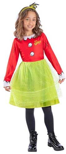 Smiffys Dr. Seuss The Grinch Santa Girls Costume, Official Licensed Fancy Dress Outfit with Festive Red and Green Dress & Matching Headband, Christmas Party & Book Character Dress Up