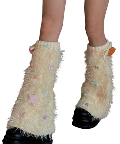 HFYRBDKSPI Women's Fuzzy Leg Warmers Winter Knitted Soft Boot Cuffs Covers Y2k Faux Fur Leg Warmers for Rave Party,Beige,38cm