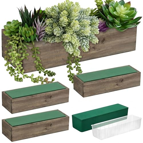 Dandat Lot de 4 boîtes rectangulaires en bois pour centres de table, 30,5 x 10,2 cm, pots de fleurs rustiques en bois avec doublure en plastique amovible, blocs de mousse florale pour Noël, mariage