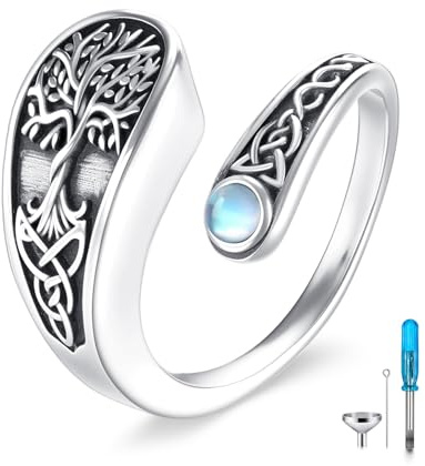 DAYLINLOVE Urn Ring for Ashes 925 Sterling Silver Sunflower/Tree of Life Moonstone Adjustable Spoon Open Ring Tree of Life Cremation Memorial Keepsake Jewellery Gifts for Women Mom