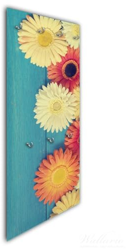 Wallario Wandgarderobe aus Glas in Größe 50 x 125 cm in Premium-Qualität, Motiv: Bunte Gerbera auf Holz | 7 Kleiderhaken zum Aufhängen von Jacken