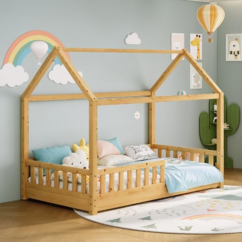 LUXOAK Kids House Bed, Natural Wood, 90x190cm, Solid Pine Wood (Natural Wood)