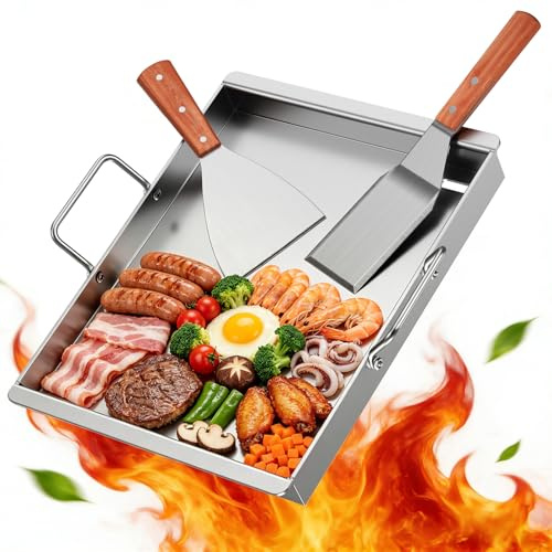 BugyKido Plaque de cuisson en acier inoxydable - 40 x 30 x 4 cm - Plaque de cuisson Plancha de 4 mm d'épaisseur avec bec verseur intégré - Avec 2 spatules et poignée en bois résistant à la chaleur