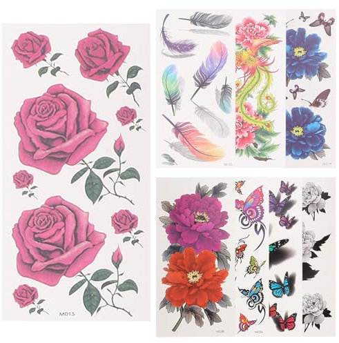ULTNICE Colorful Floral Temporary Tattoo 8 Sheets 3D Rose and Peony Design Tattoo Easy to Apply and Long Lasting for Glow Parties and Celebrations