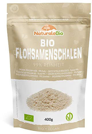NaturaleBio Flohsamenschalen Gemahlen, 99% Reinheit, 400g natürliche Flohsamen Bio, Psyllium Samenschalen, Naturbelassen, rein, Ballaststoffreich, Vegan, Zum Auflösen in Wasser, Getränken und Säften.
